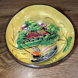 Vintage Coconut Shell Decorative Painted Bowl, Chinese Scene 2-1/2