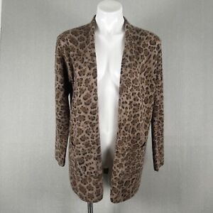 Magaschoni Small Cashmere Leopard Animal Print Open Front Long Cardigan Pockets