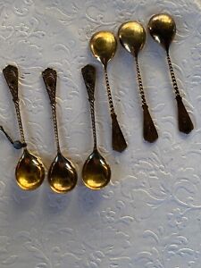 Vintage Russian Silver 875, 22K Gold Wash Demitasse Spoon Set (6), Original Seal
