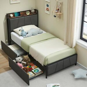 Twin/Full/Queen/King Size Bed Frame with Storage Headboard and Charging Station