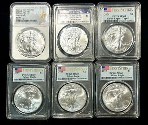 DEALERS LOT- Six Piece Graded Silver Eagles, 2017(W), 2021(W), T-1 2021 And More