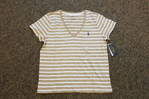 New Polo Ralph Lauren Women's V-Neck Tee Shirt T-Shirt - Large - BROWN/WHITE