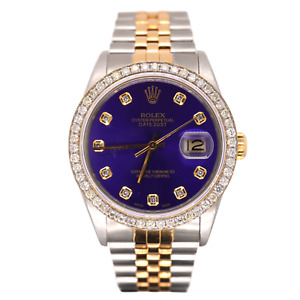 Rolex Mens Datejust 36mm 18k Yellow Gold & Steel ICED 1.75ct Diamonds Blue Dial