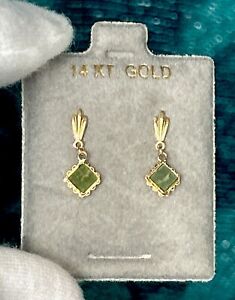 Vtg.14K Solid Yellow Gold Green Nephrite Petite Post Dangling Earrings