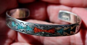 Old Pawn GIBSON GENE Navajo Handmade Sterling Silver & Turquoise Coral Bracelet