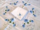 Vintage Tablecloth Napkin Set Round White Blue Floral Applique 62