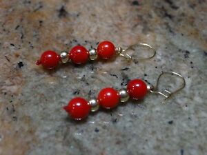Red Bamboo Coral & 14k Yellow Gold Drop Earrings