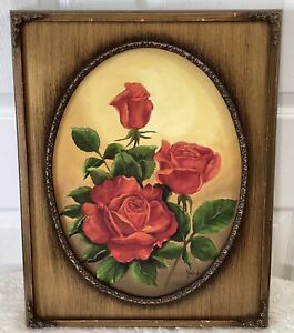Antique 40s 50s Oil Painting Still Life Floral Red Roses Gold Frame Signed 15x20