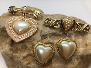 Vintage 1928 Brand Heart Jewelry Lot Earrings Brooches Rhinestones Faux Pearl
