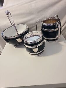 Antique Wood/ Silver  Set Of 1 Biscuit Barrel, 1 Loving Cup 3 Handle And 1 Bowl