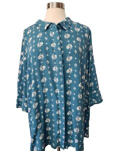 WOMAN WITHIN Teal Floral Blouse Top Sz 30/32 3X Hidden Button Front 3/4 Sleeve