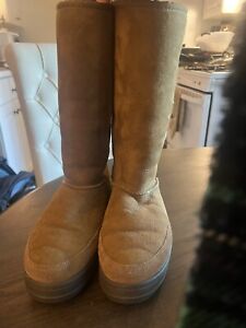 UGG Aztec Stitched Winter Boots Women's Size 8 Tan Shoes Tall Braid Pre Owned