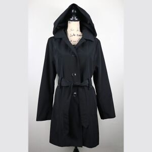 London Fog Women's Size M Classic Black Mid Length Trench Coat Removable Hood
