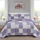 Purple Quilt Set Queen Size3 Pieces Boho Floral Plaid Bedspread Coverlet Set