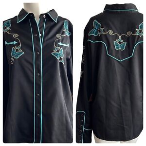 NEW SCULLY XL Western Embroidered Butterfly Snap Button Shirt Black Blue