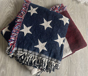 Americana Flag Blanket 100% Cotton Patriotic Throw Tapestry With Fringes - New