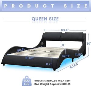 Full/Queen/King Bed Frame Upholstered RGB LED Headboard Platform Wave Like Curve