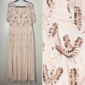 NWT ADRIANNA PAPELL DRESS GOWN LONG MAXI EMBELLISHED SEQUIN BEADED BLUSH PINK 14