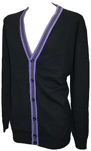 Espionage Cotton Cardigan with a Contrast Trim Black Purple & Grey