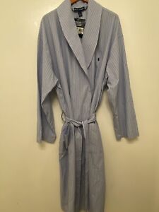 POLO RALPH LAUREN Full Length Cotton Robe Blue White Stripes Lightweight Size XL
