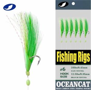 OCEAN CAT Sabik Rig Green Feather & Fish Skin 6 hook Saltwate Fishing Bait