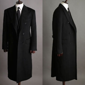 Men Long Overcoat Black Wool Blend Coat Winter Business Outwear Double Breasted