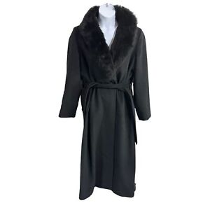 SOFIA Cashmere Black Wool Blend Shearling Fur Collar Belted Coat Size 14