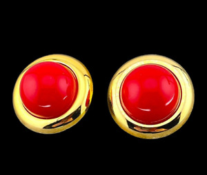 Vintage Red Plastic Lucite Clip On Earrings Large Dome Shape Cabochon Gold Tone