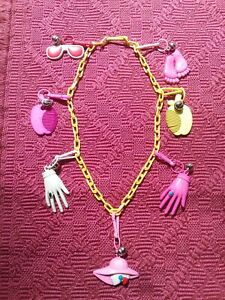 Vintage 1980's Plastic  Clip on Charms Necklace Retro - Charms plus chain