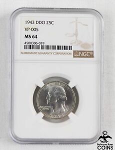 1943 DDO 25c Silver Coin NGC MS64 VP-005 Washington Quarter DOUBLE DIE OBVERSE