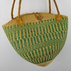 Vintage Sisal Jute Market Bucket Basket Purse Straw Leather Large Tote Bag Woven