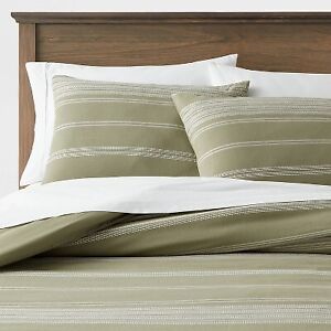 Full/Queen Cotton Woven Stripe Duvet Cover & Sham Set Moss Green/White -