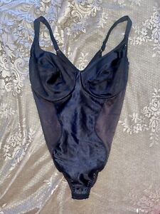 Vintage VANITY FAIR Black Bodysuit SATIN Panty Shaper SHINY Lingerie Floral 38D
