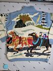 Vintage Berek Marta D Hand Knit Crocheted Ugly Christmas Sweater Horse Sleigh