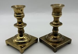 Two Vintage Brass Candlestick Holders Square Bass Footed Candlelight￼4 1/2”H.