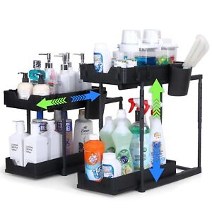 Height-Adjustable Under The Bathroom Sink Organizer(2-Tier), Dual Pull-Out Dr...
