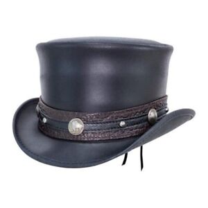 Black Leather Top Hat Handmade Bull Nickle Style Band Victorian Hat / Steampunk