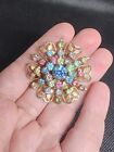 Vintage Rhinestone Brooch Pin Goldtone with Blue, Pink, Yellow, Green Snowflake