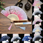 Vintage Silk Folding Hand Fan Chinese Japanese Bamboo Tassel Plum Blossom Dance