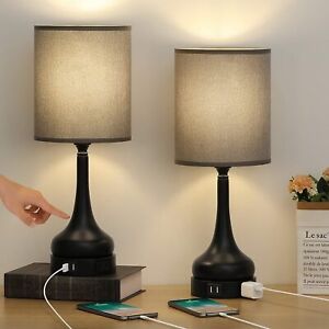 Set of 2 Table Lamp Touch Nightstand Bedside Lamps Dual USB Port for Living Room