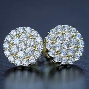 14K Gold Plated Men's Round Circle Iced Cubic Zirconia CZ Cluster Stud Earrings