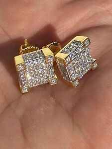 Mens Real Solid 925 Silver Iced CZ Hip Hop Earrings Stud 14k Gold Plated Hombre