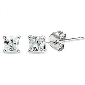 2 mm Genuine Princess Diamond Stud Earrings in 14k White gold w/Gift box
