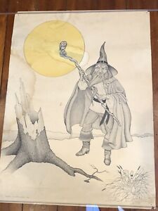 Original Sketch ART Pencil DRAWING Wizard Owl Mushrooms Moon Artist Signed 81'