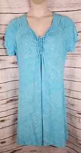 Fresh Produce Vtg Knit Dress 1X Blue Turquoise Ruffle Bodice Shift Rayon Blend