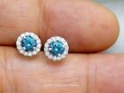 1.02ct Genuine Mined Blue & White Diamond Stud Earrings In 14K White Gold, Halo