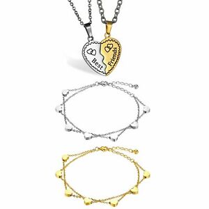2PCS Heart Chain Bracelet and 2PCS Best Friend BFF Heart Necklace Friendship Set