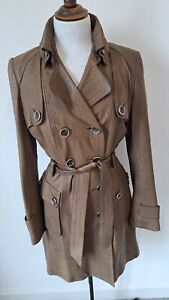 KAREN MILLEN = Brown 100% Real Leather Button Up Knee Length Trench Coat Size 12