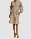 $1190 Akris Women's Brown Spread Collar Balloon Sleeve Midi Dress Size 12