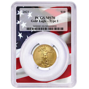 2021 $10 Type 1 American Gold Eagle 1/4 oz PCGS MS70 Flag Frame